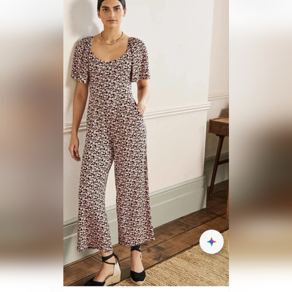 Boden Pants - EUC Boden Jersey Jumpsuit Size 10R Black Pink Flutter Sleeve Floral Ankle Length